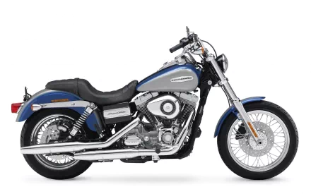 Blue Harley-Davidson Super Glide motorcycle, side profile on a white background — HD desktop wallpaper highlighting the Glide bike's chrome details and classic cruiser silhouette.