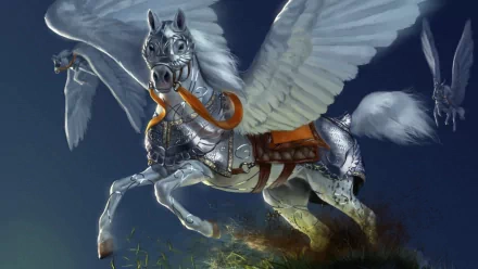 A majestic armored pegasus soars through a mystical landscape, wings spread wide, embodying the essence of fantasy in this stunning HD desktop wallpaper.
