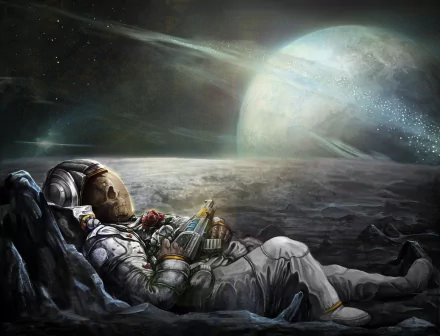 A sci-fi HD desktop wallpaper depicting an astronaut resting on the surface of an alien planet, with a distant celestial body visible in the background.