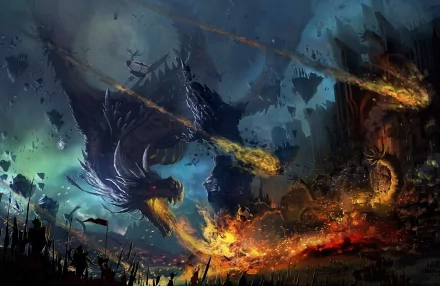 A fantasy HD desktop wallpaper showing a fierce battle between a warrior and a wyvern in a city engulfed in fire, with meteors streaking across the night sky.