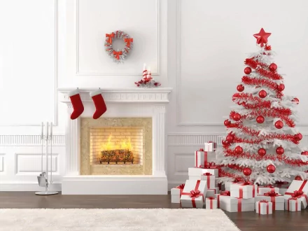 A cozy holiday scene featuring a white Christmas tree adorned with red ornaments, stockings hung over a warm fireplace, and beautifully wrapped gifts, creating a festive atmosphere.