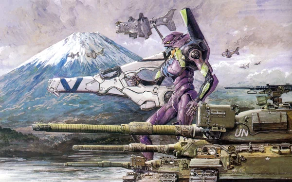 A striking HD wallpaper featuring Evangelion Unit-01 beside military tanks, set against a backdrop of Mount Fuji, capturing the essence of Neon Genesis Evangelion's anime aesthetic.