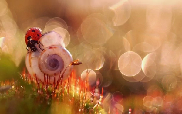 HD desktop wallpaper showcasing a close-up of a ladybug perched on a small snail shell with a soft, glowing bokeh background.