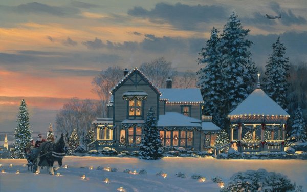 Holiday Christmas Light Christmas Tree Winter Snow Painting Santa Sleigh HD Wallpaper | Background Image