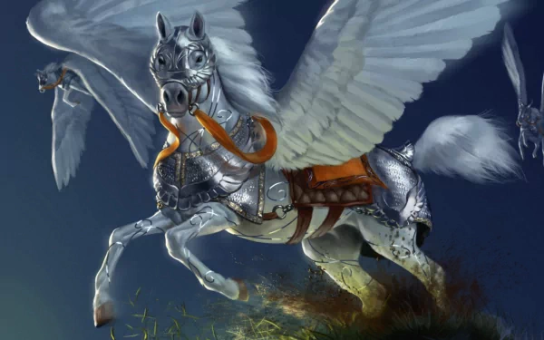 A majestic armored pegasus soars through a mystical landscape, wings spread wide, embodying the essence of fantasy in this stunning HD desktop wallpaper.
