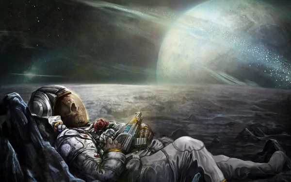 A sci-fi HD desktop wallpaper depicting an astronaut resting on the surface of an alien planet, with a distant celestial body visible in the background.