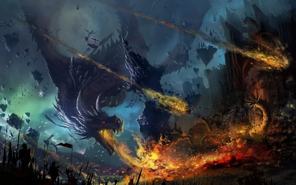 A fantasy HD desktop wallpaper showing a fierce battle between a warrior and a wyvern in a city engulfed in fire, with meteors streaking across the night sky.