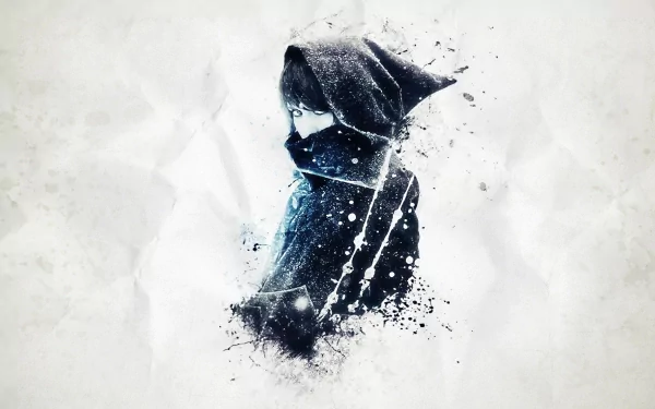An artistic depiction of a woman in a hooded cloak, rendered with vibrant splashes of color against a textured background, creating a captivating HD desktop wallpaper.