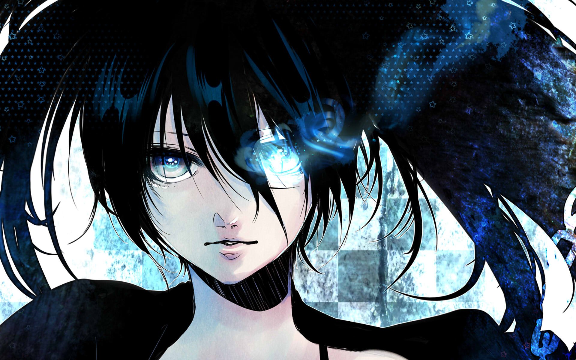A striking HD desktop wallpaper featuring Black Rock Shooter, showcasing her intense gaze and iconic black hair against a dynamic blue and black background.