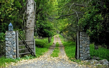 HD desktop wallpaper showing a nature path lined with trees, framed by a stone gate, leading down a quiet road through lush greenery.