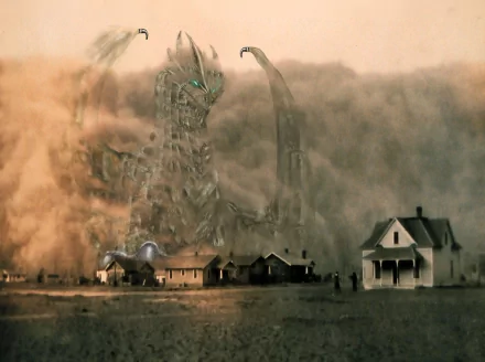 A colossal dragon emerges from a swirling dust storm, towering over a desolate landscape with scattered houses. This striking image captures the essence of fantasy in HD wallpaper form.