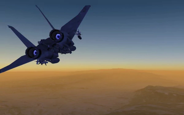 HD PC desktop wallpaper from Microsoft Flight Simulator featuring a fighter jet flying over a desert landscape at sunset.