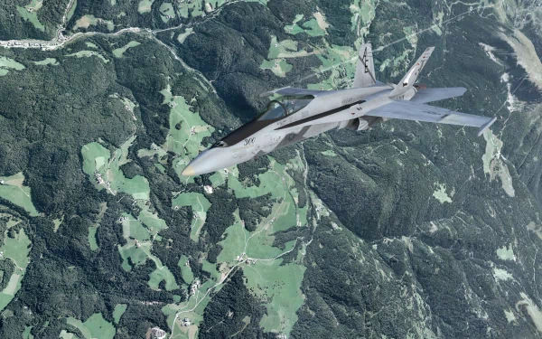 2K Quad HD PC desktop wallpaper from the video game Microsoft Flight Simulator showing a fighter jet soaring above forested mountains and patchwork green valleys.