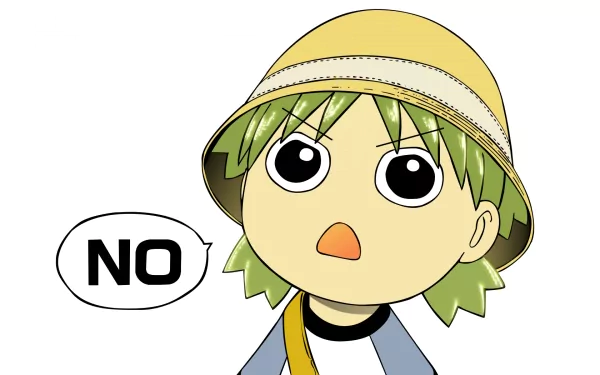 Anime-style Yotsuba! character with green hair and a yellow hat, expressing refusal with a speech bubble saying NO in this HD PC desktop wallpaper.