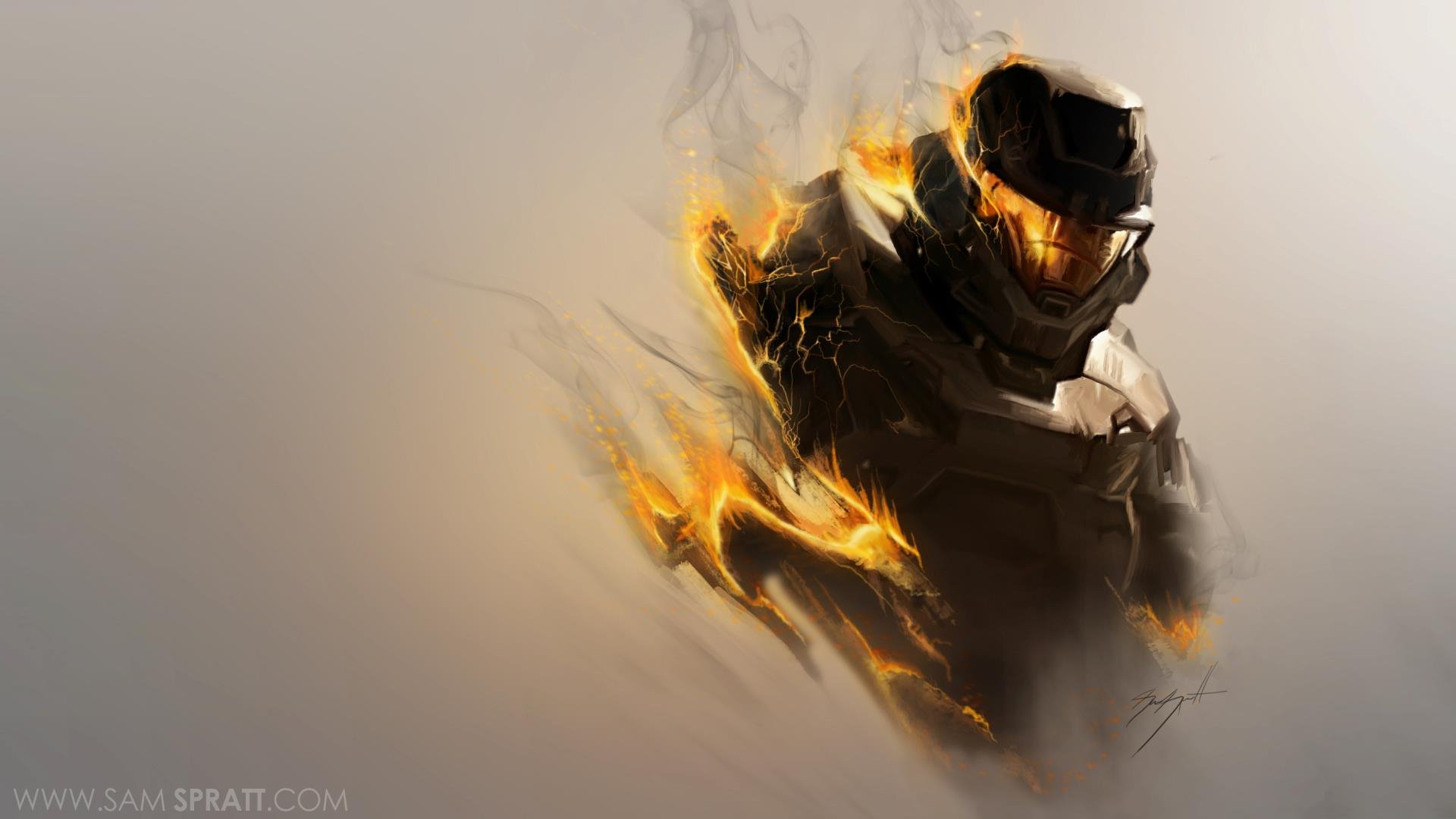 A dynamic HD wallpaper featuring a character from the video game Halo: Reach, showcasing a powerful figure with striking orange and black hues.