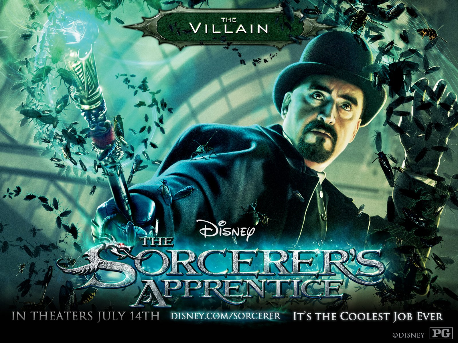 HD PC desktop wallpaper featuring a dark, magical scene from Disney's movie The Sorcerer's Apprentice with a mysterious villain wielding enchanted powers.