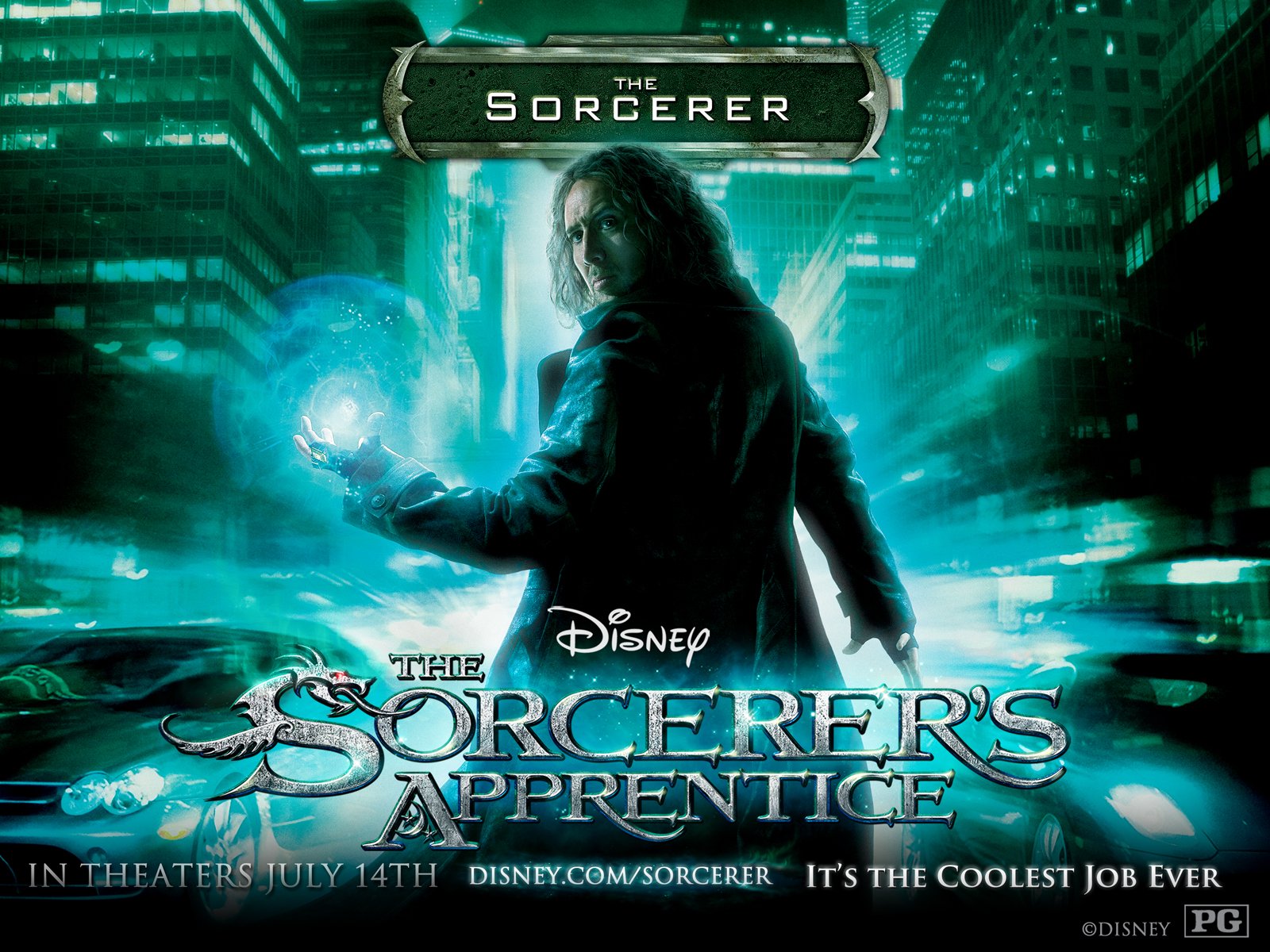 HD desktop wallpaper featuring a scene from the movie The Sorcerer's Apprentice, showing a character wielding magical energy in a glowing cityscape.