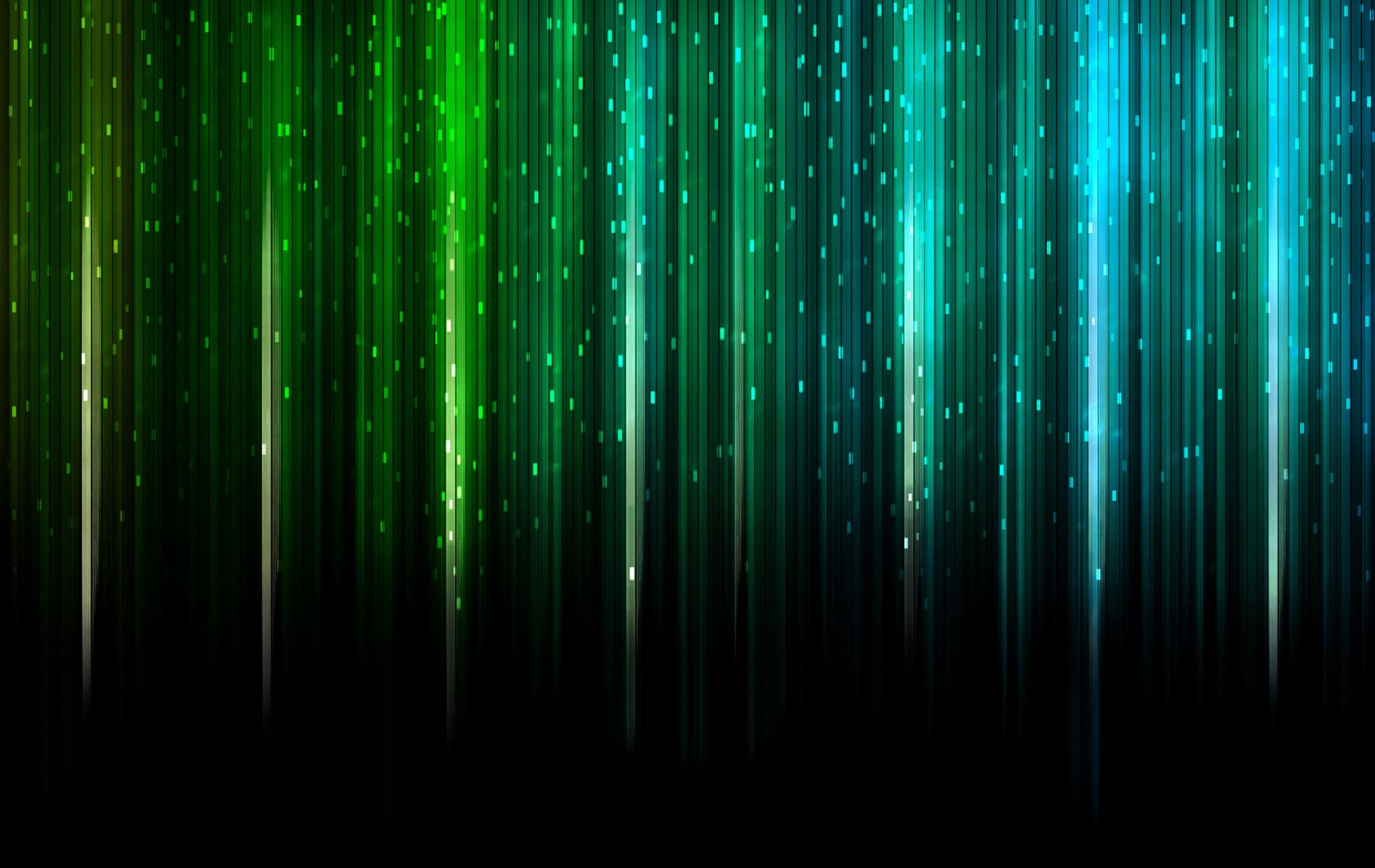Abstract HD PC desktop wallpaper featuring vertical streaks of green and blue light with scattered glowing particles on a black background.