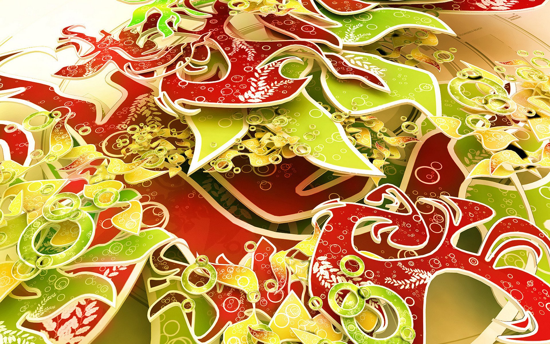 Vibrant 3D CGI abstract artwork featuring red and green swirling shapes, designed as an HD PC desktop wallpaper and background.
