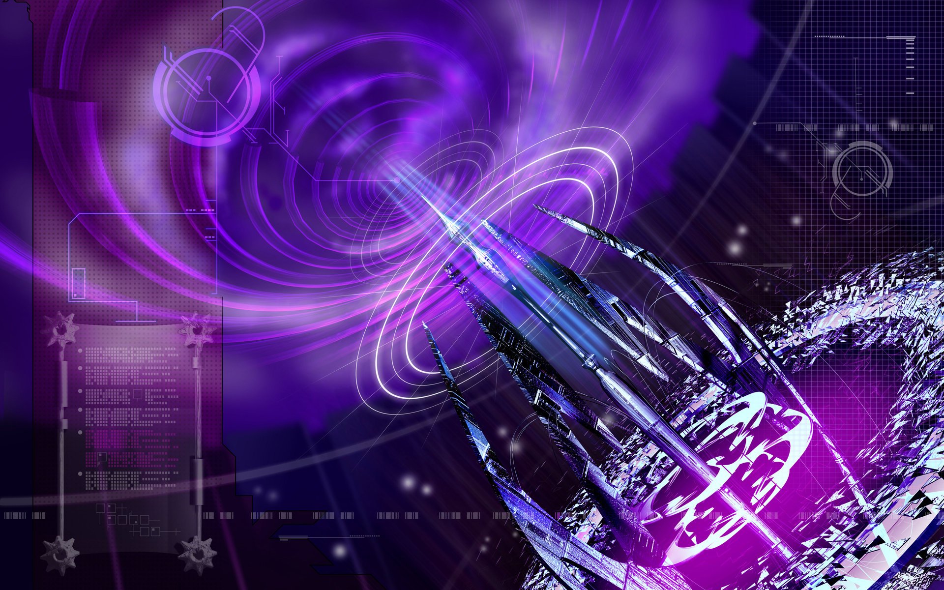 Abstract 3D digital artwork in vibrant purple hues, featuring swirling patterns and futuristic CGI elements on an HD PC desktop wallpaper background.