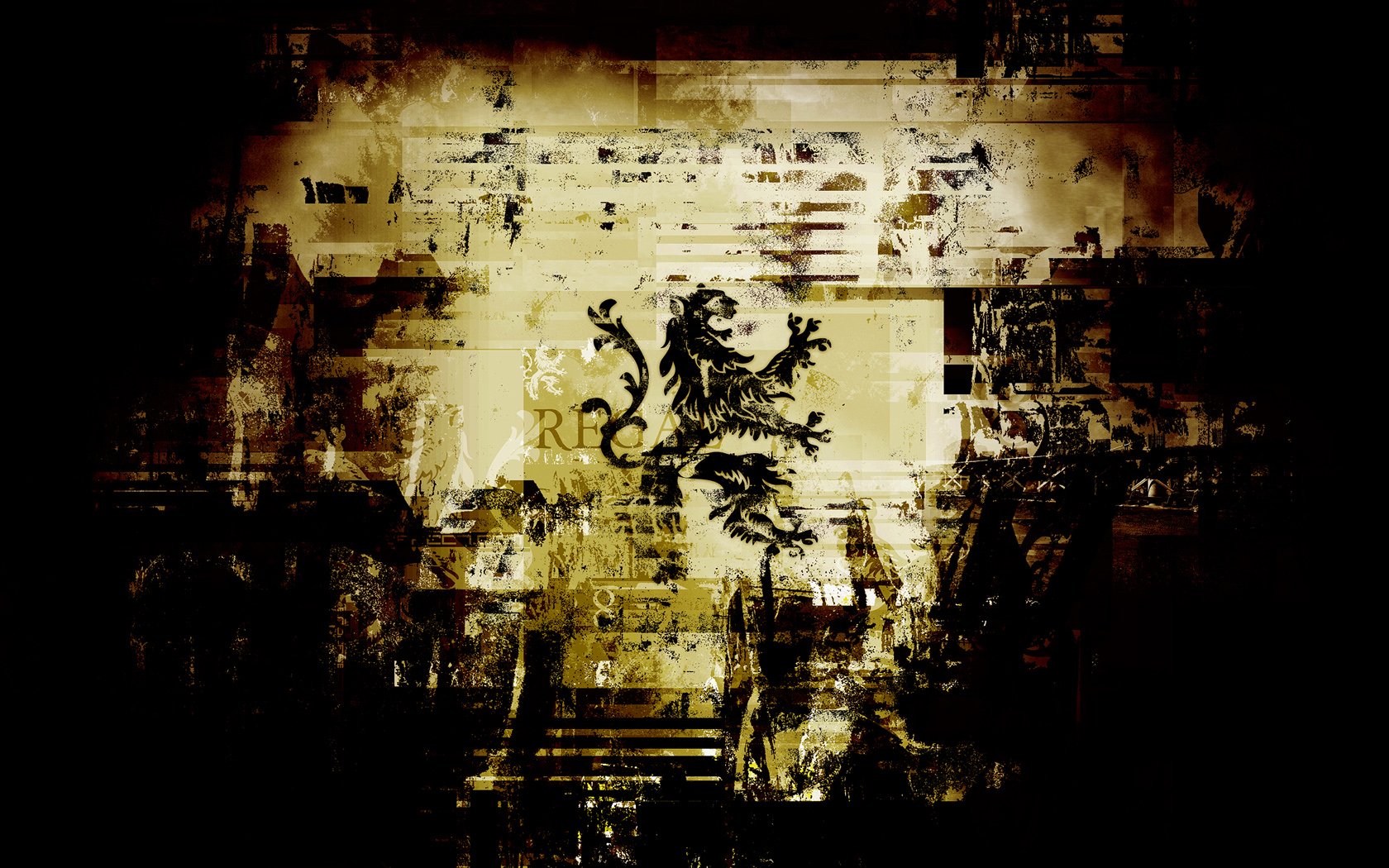 Dark abstract HD PC desktop wallpaper/background: grungy layered textures around a glowing yellow center with a distressed black heraldic lion silhouette.