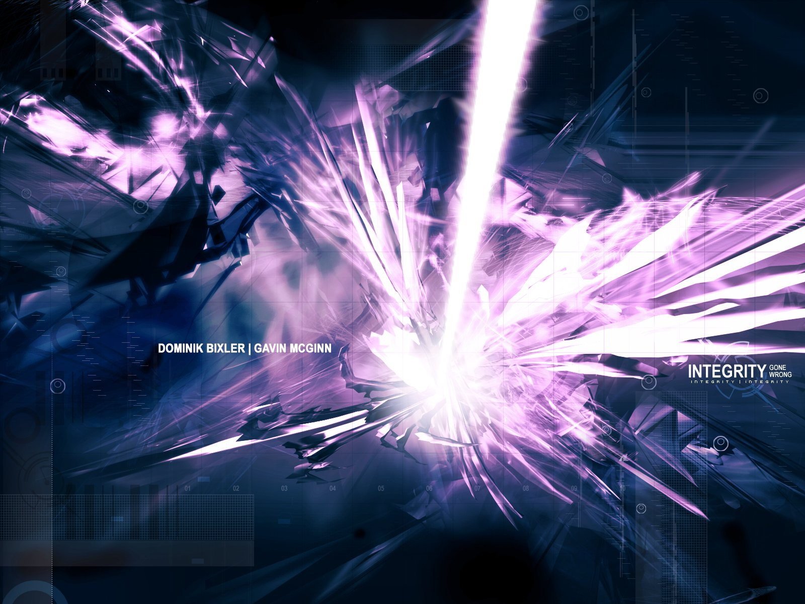 Abstract purple HD PC desktop wallpaper — radiant purple shards bursting around a white light beam against a dark, geometric techno background.