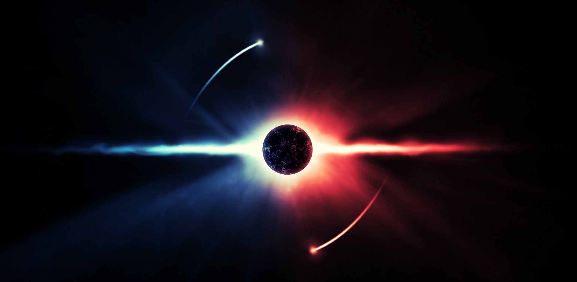 Abstract sci-fi HD desktop wallpaper featuring a dark planet at the center with glowing blue and red light streaks and two luminous comets orbiting it.