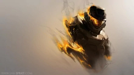 A dynamic HD wallpaper featuring a character from the video game Halo: Reach, showcasing a powerful figure with striking orange and black hues.
