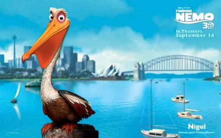 HD desktop wallpaper featuring Nigel the pelican from the movie Finding Nemo, set against a city skyline with boats and the iconic Sydney Harbour Bridge.