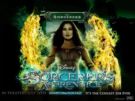 HD desktop wallpaper of the movie The Sorcerer's Apprentice, featuring the sorceress surrounded by fiery magical flames against a dark, mystical background.