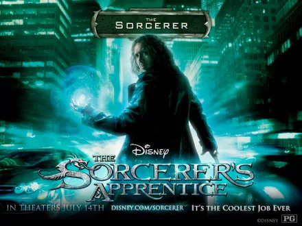 HD desktop wallpaper featuring a scene from the movie The Sorcerer's Apprentice, showing a character wielding magical energy in a glowing cityscape.