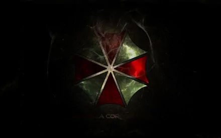 Logo of the Umbrella Corporation from the Resident Evil video game series, depicted in a dark, atmospheric HD wallpaper featuring the iconic red and white umbrella design.
