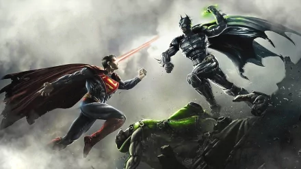 Superman and Batman clash in an intense battle, featuring Green Arrow, in this dynamic HD desktop wallpaper inspired by the video game Injustice: Gods Among Us.