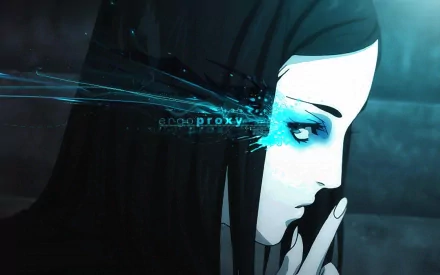 An HD desktop wallpaper featuring an anime character from Ergo Proxy, showcasing a striking profile with intricate blue elements and a mysterious ambiance.