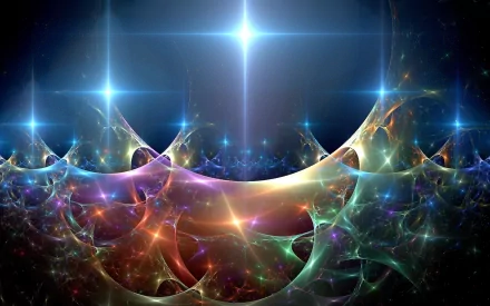 An abstract HD desktop wallpaper featuring vibrant colors and dynamic shapes, illuminated by bright stars, creating a captivating and imaginative digital landscape.