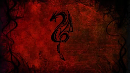 HD abstract desktop wallpaper featuring a black tribal dragon design on a textured, deep red background.