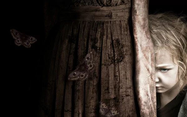 A haunting HD desktop wallpaper featuring a girl peering from behind a tattered dress, with eerie butterflies, inspired by the movie Mama.