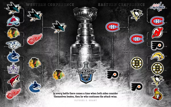 A dynamic HD desktop wallpaper featuring the Stanley Cup with logos from Western and Eastern Conference NHL teams, capturing the competitive spirit of ice hockey.