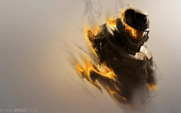 A dynamic HD wallpaper featuring a character from the video game Halo: Reach, showcasing a powerful figure with striking orange and black hues.