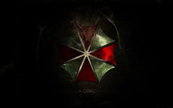 Logo of the Umbrella Corporation from the Resident Evil video game series, depicted in a dark, atmospheric HD wallpaper featuring the iconic red and white umbrella design.