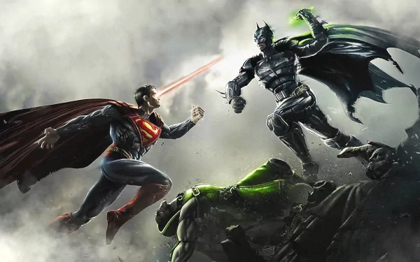 Superman and Batman clash in an intense battle, featuring Green Arrow, in this dynamic HD desktop wallpaper inspired by the video game Injustice: Gods Among Us.