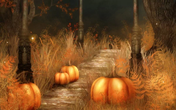 HD Halloween-themed desktop wallpaper featuring a pathway lined with glowing pumpkins amidst autumn foliage. The scene evokes a spooky festive atmosphere.