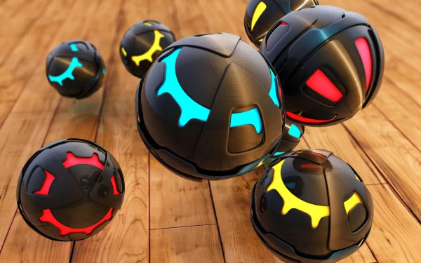 A collection of glossy black spheres with vibrant blue, red, and yellow accents, set against a wooden background, creating a striking abstract 3D CGI design for a desktop wallpaper.
