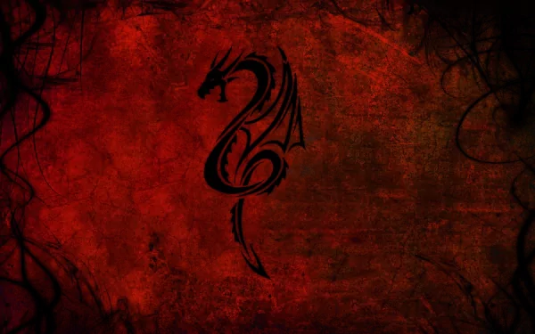 HD abstract desktop wallpaper featuring a black tribal dragon design on a textured, deep red background.