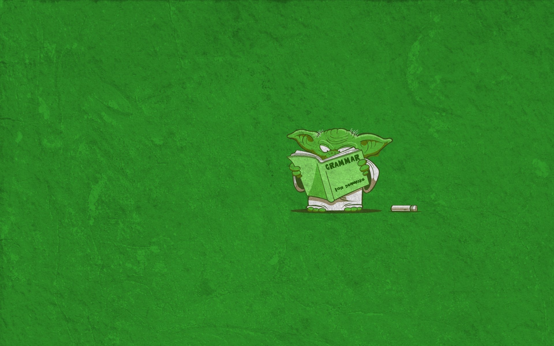 A vibrant HD wallpaper featuring a playful illustration of Yoda from Star Wars, holding a green book against a textured green background.