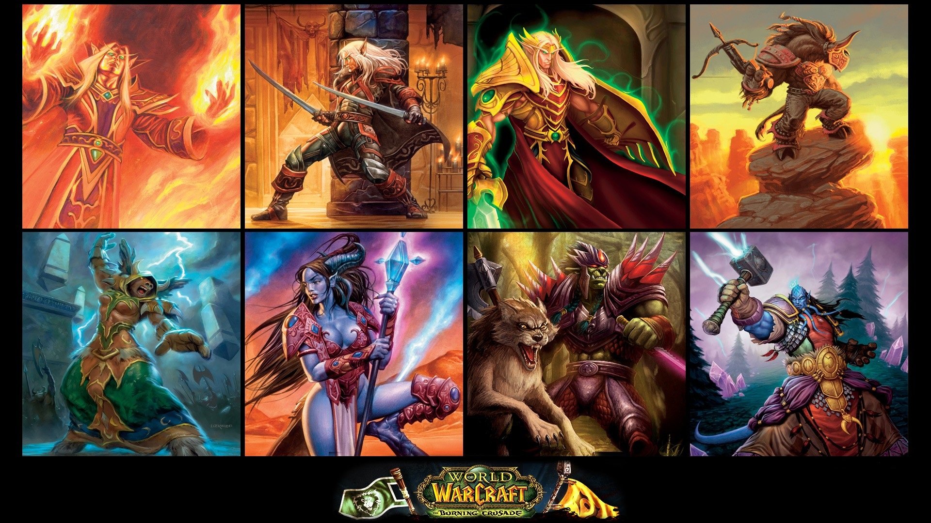 HD PC desktop wallpaper featuring vibrant character art from the video game World of Warcraft, showcasing various iconic heroes and creatures in dynamic poses.