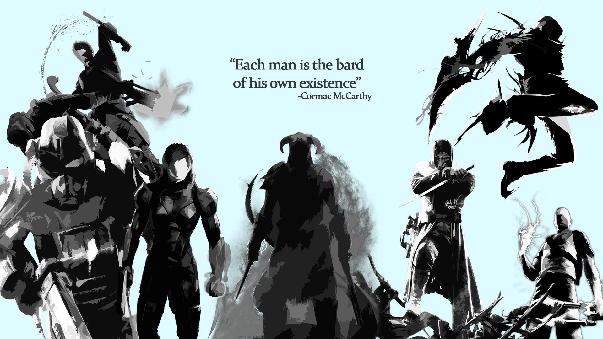 A striking HD desktop wallpaper featuring iconic characters from Deus Ex: Human Revolution, Fallout, Mass Effect, Prototype, Dishonored, and The Elder Scrolls V: Skyrim, accompanied by a powerful quote.