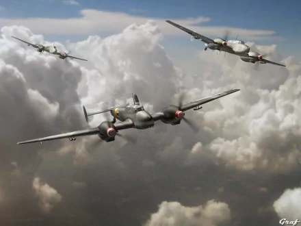 HD PC desktop wallpaper showing three vintage military aircraft flying through a cloudy sky.