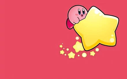 A vibrant HD desktop wallpaper featuring Kirby, the iconic pink character from the video game universe, joyfully floating on a yellow star against a bright pink background.