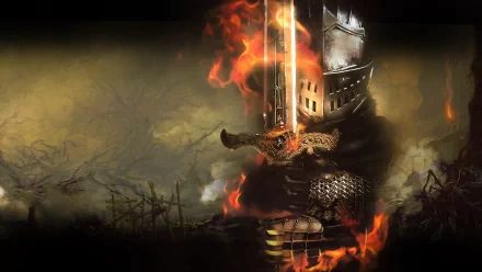 HD wallpaper and background featuring a Dark Souls video game theme, displaying a heavily armored knight holding a flaming sword amidst a desolate, smoldering landscape.